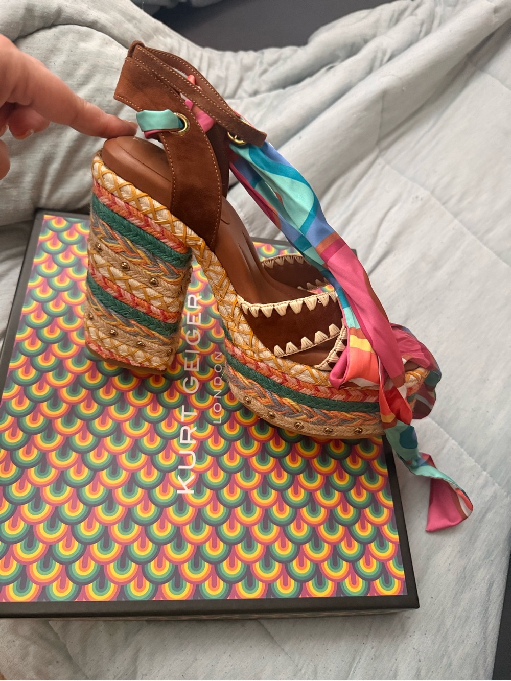 Kurt Geiger Chelsea Brown Suede Platform Espadrilles with Multicolor Silk Wrap